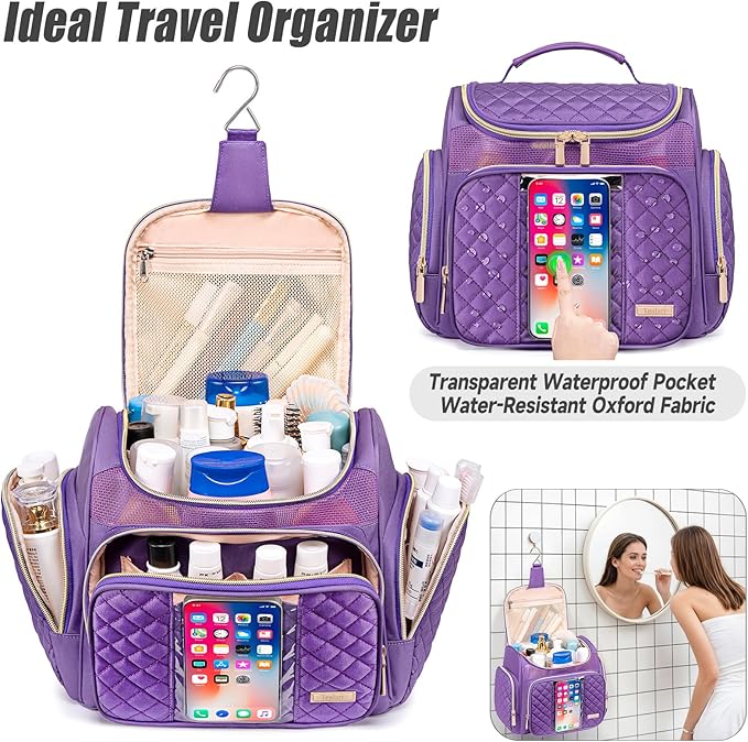 Tealari Large Toiletry Bag for Women Men,Bathroom Bag,Water Resistant Shower Bag,Makeup Bag,Portable Shower Caddy for College Dorm,Hanging Travel Toiletry Bag with Transparent Waterproof Phone Pocket