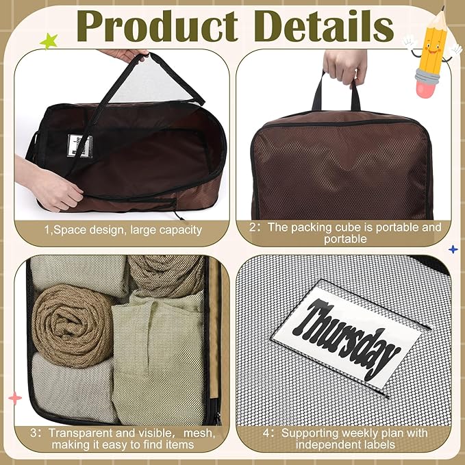7 Pcs Packing Cubes for Travel Days of Week Compression Packing Cube with Labels Organizers Luggage Storage Bag(Brown,Large)