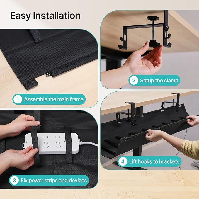 PEGZONE No Drill Under Desk Cable Management Tray, 47.2" Cord Management Under Desk for Table, Clamp Mount Desk Cable Management, Premium Fabric Wire Management Tray for Office, Home, Black