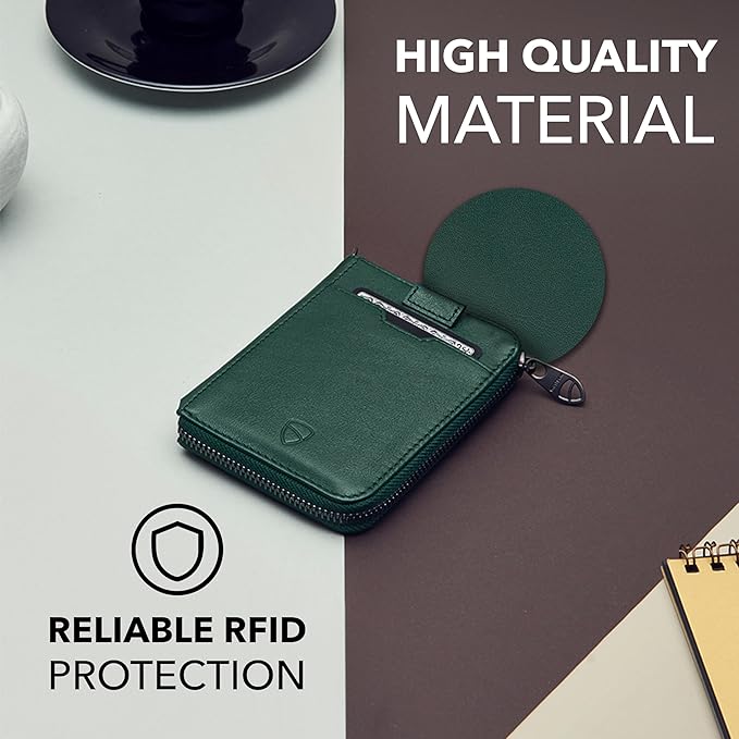 Vaultskin NOTTING HILL Minimalist Leather Zipper Wallet for Women and Men: Slim Multi Cardholder with RFID Blocking and Keychain Ring