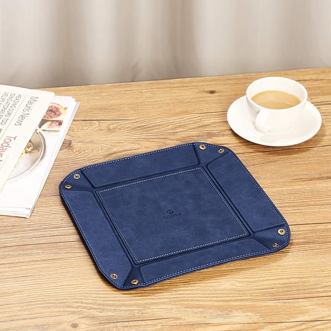 SITHON Valet Tray Desktop Storage Organizer – Premium PU Leather Catchall Bedside Vanity Tray Nightstand Caddy Holder for Keys, Phone, Wallet, Valentine's Day Gift, Dark Blue