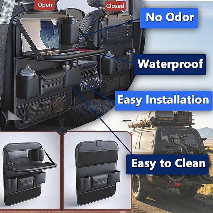 Car Backseat Organizer with Tray – Back of Car Seat Organizer & Storage, Multifunction Seat Back Organizer Storage Bags for Tablet, Snacks, Drinks, Tissues... | Waterproof, Universal Fit | 1 Pack