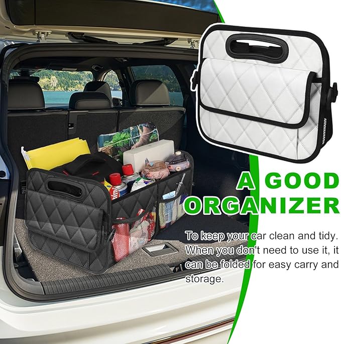 Car Trunk Organizer, Multi-Compartment Auto Trunk Storing Bag with Pockets, Collapsible Organizer and Storage for Sedans, SUVs, Trucks, Universal Interior Car Accessories (White)