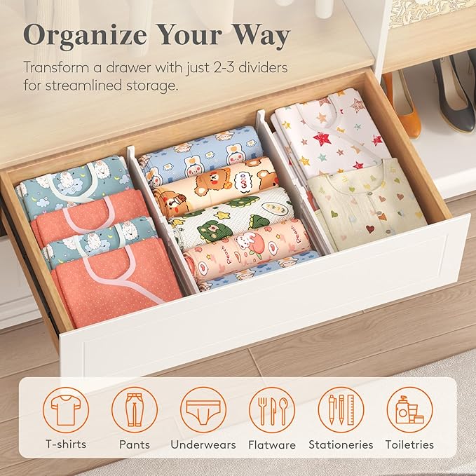 Lifewit 5" Tall 4 Pack Drawer Dividers, 30-47cm/11.5-18.5" Expandable Drawer Divider for Clothes, Adjustable Dresser Drawer Organizers, Drawers Separators for Dresser/Bathroom/Closet/Kitchen White