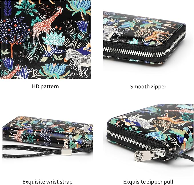 Rfid Blocking Wristlet Large Wallet for Women Credit Card Holder Bifold Designer Zipper Phone Long Wallet Purse Animal Park