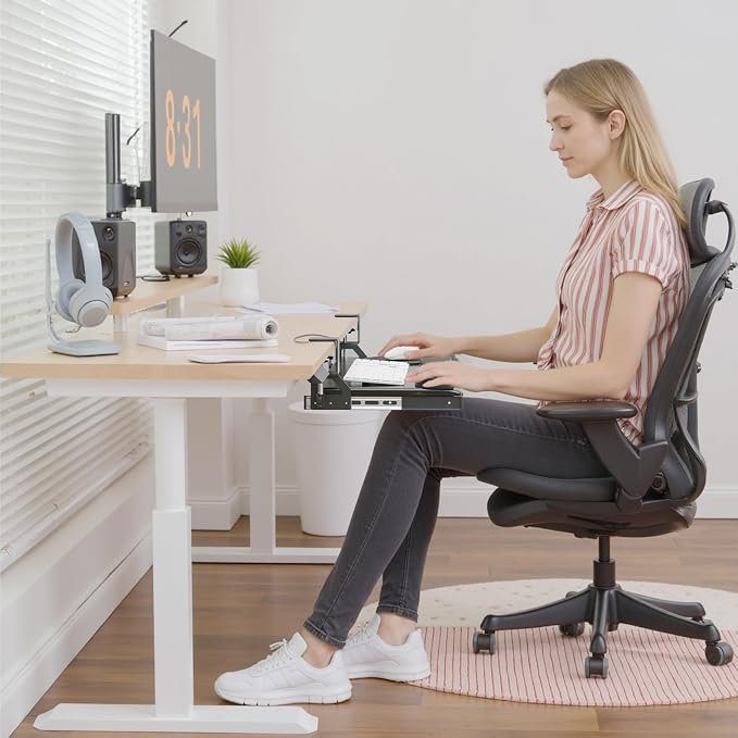 Keyboard Tray, 25 in. Pine Plastic, Keyboard tray Under Desk with Wrist Rest, Mouse Pad, Cup Mat, Lightweight Slide Out Tray, Easy Assemble Adjustable C clamp