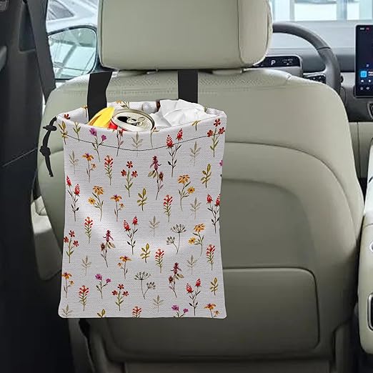 Car Trash Bag Spring Flowers Car Garbage Bag Hanging Car Trash Can for Back Seat with Drawstring