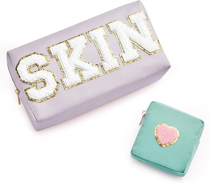 Preppy Patch Skin Makeup Bag for Travel, 2 PCS Chenille Letter Cosmetic Sunscreen Bag, PU Waterproof Beach Bag Pouch Organizer,Gift for Women Girls