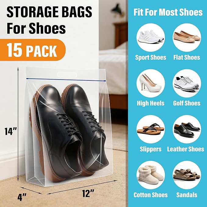Waterproof Shoe Bags for Travel Packing Storage, Smellproof Travel Essentials Bag for Men and Women, Clear (15-pack)