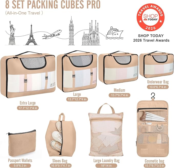Veken 8 Set Packing Cubes for Travel Essentials, Suitcase Organizer Bags in 4 Sizes, Carry-On Luggage Accessories with Large Laundry & Hanging Toiletry Bag, Must-Have for Airplane, Road Trip & Camping