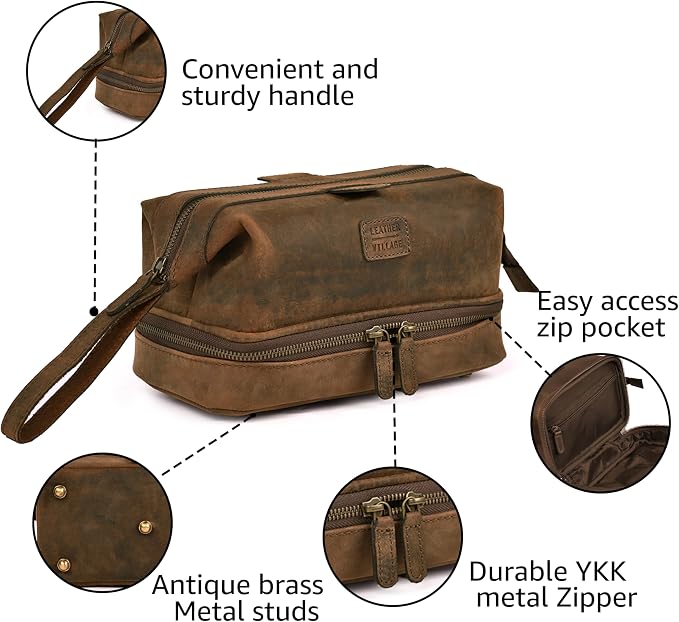 LEATHER VILLAGE Genuine Leather Dopp Kit – Large Travel Toiletry Bag with Waterproof Lining, Dual-Zip Design for Men & Women, Organizer for Shaving, Makeup & Essentials - Brown