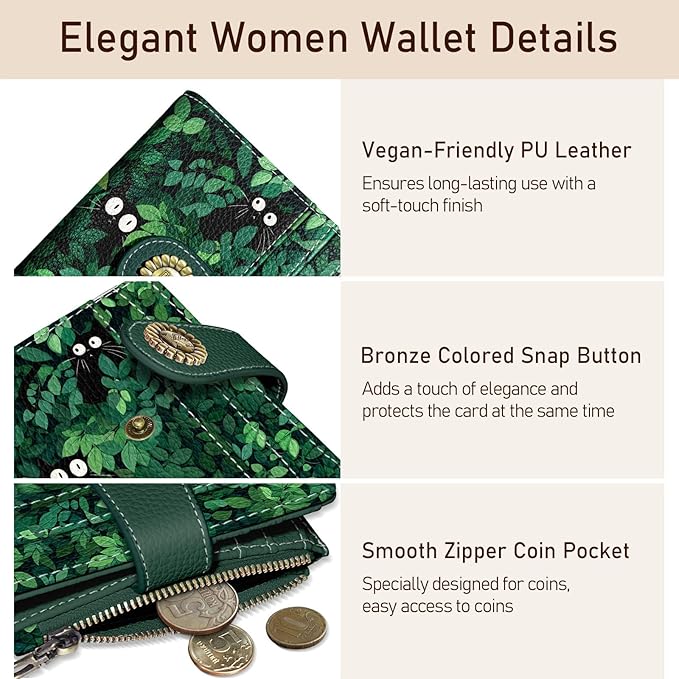 Kelvoris Cute Green Black Cats Grass Small Rfid Women Wallet Bifold Zipper Coin Pocket PU Leather Compact Cash Credit Card Holder Travel Wallet for Female Ladies Teen Girls 1 ID Window 10 Card Slots