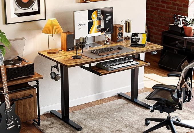 FEZIBO Standing Desk with Keyboard Tray, 60 x 24 Inch Adjustable Height Sit Stand Desk with Memory Presets for Home Office, Ergonomic Computer Workstation, Rustic Brown