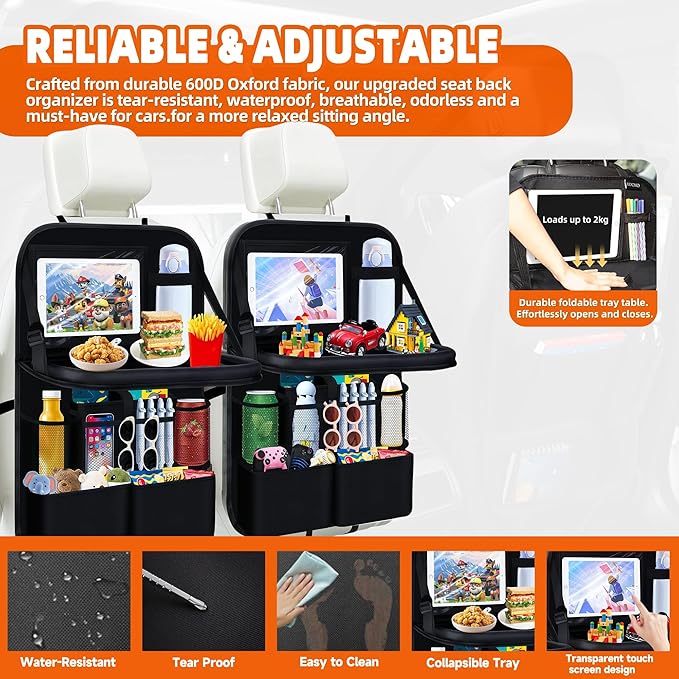 2PCS Backseat Car Organizer with Foldable Tray-11+2 Pockets Car Organizer and Storage,Car Seat Back Protector Road Trip Essentials Storage Caddy/Stuff for Cars/Truck/SUV Christmas Gifts