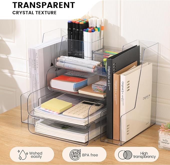 CiWiVOKi Desk Organizer with 2 Vertical File Holder, 4 Tier Stackable Paper Letter Tray File Organizer with 5-Compartments Pen Holder, Clear Desktop Organizer Office Organization and Storage