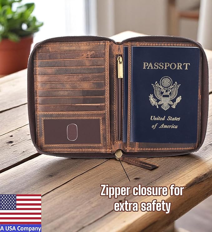 Passport Wallet - Travel Document Holder w/RFID Blocking – Full Grain Leather – Bifold compact zip around Wallet with Credit Card Slots for Women and Men, brown flag, 500-32