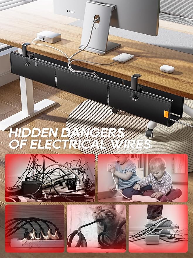 Under Desk Cable Management Tray No Drill, Cable Ties Included, Eco-Friendly Canvas Material, Mesh Design for Heat Dissipation, Cable Organizer/Storage for Standing Desk(39inch, Black)