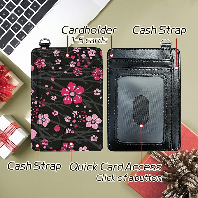 Small Travel Wallets, Pink Cherry Blossom Slim Minimalist Front Pocket Wallet with Wristlet, RFID Blocking PU Leather Credit Card Holder with ID Window Change Purse for Men Women
