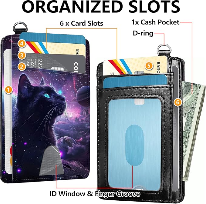 Slim RFID Blocking Card Holder Wallet with Wrist Strap - Minimalist Front Pocket Wallet, Galaxy Cat Design, PU Leathe, for Men & Women, Ideal for Travel & Gifts