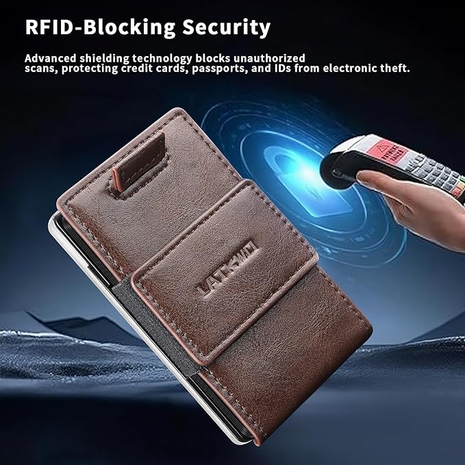 Wallet for Men Slim Pull Tab Metal RFID Blocking Credit Card Holder with ID Window & Cash Strap - Compact Front Pocket Design Holds 1-10 Cards (3.62x2.36x0.47in) (Coffee)