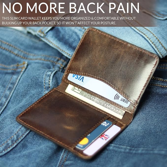 FOXHACKLE Full Grain Leather Credit Card Holder for Men and Women, Slim Bifold RFID Blocking Wallet, Thin Front Pocket Minimalist Wallet, Small Card Case.