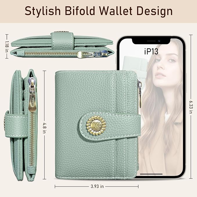 Kelvoris Small Rfid Women Wallet Bifold Zipper Coin Pocket PU Leather Compact Cash Credit Card Holder Travel Wallet for Female Ladies Teen Girls 1 ID Window 10 Card Slots Sage Green