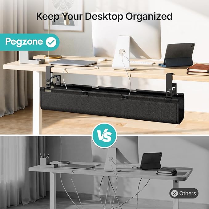 No Drill Under Desk Cable Management Tray, 31.5" Cord Management Under Desk for Table, Clamp Mount Desk Cable Management, Premium Fabric Wire Management Tray for Office, Home