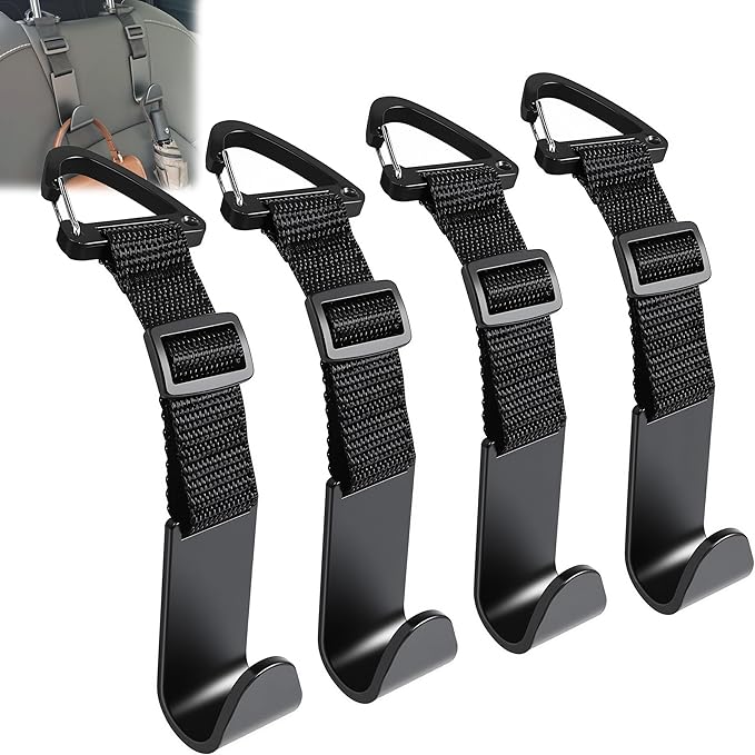 Amooca Headrest Hooks for Car Adjustable 4 Pack Vehicle Seat Back Organizer Storage Hanger Holder for Purse Bags Universal Fit with Clip Black