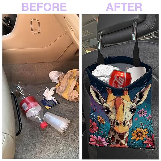 Car Trash Bag Hanging Cute Giraffe Flowers Car Trash Can for Back Seat Waterproof Car Trash Bin with Adjustable Straps and Drawstring for Car Accessories Vehicle Travelling Camping
