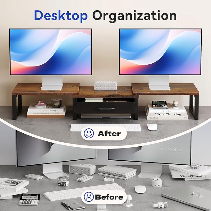 Desk Organizers and Accessories, Dual Monitor Stand Riser with Drawer, Computer Monitor Stand, Adjustable Desk Shelf for PC Laptop Printer TV, Brown