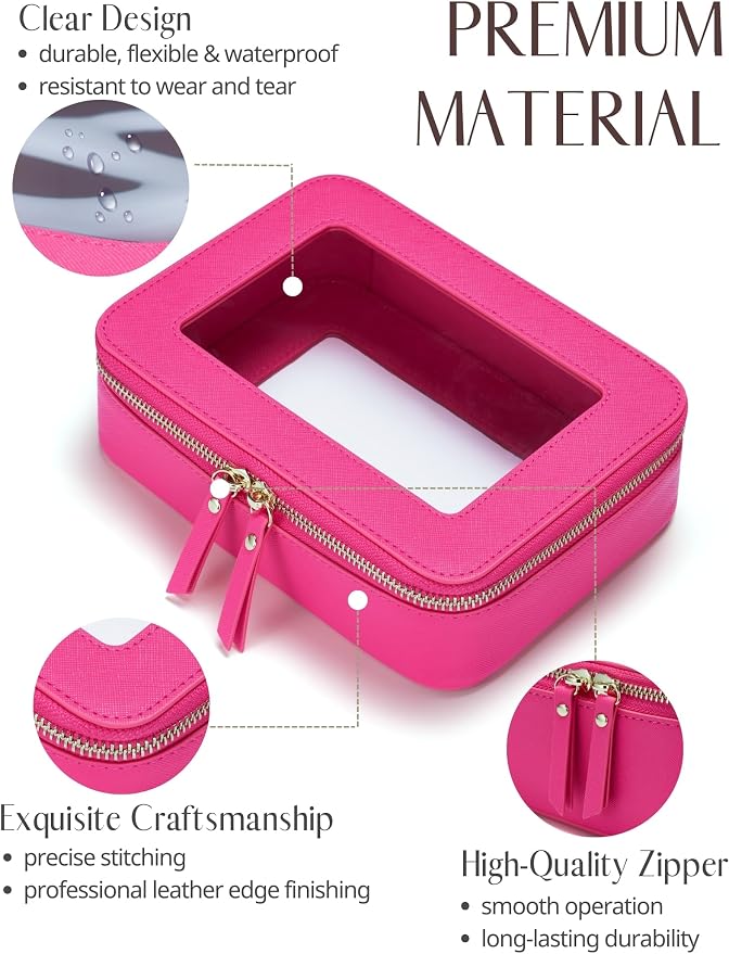 Popvibe Clear Makeup Bag Travel Cosmetic Case Transparent Toiletry Bag with Zipper, Portable Make Up Organizer Traveling Compact Car Bag for Essentials, Hotpink, Medium and Large