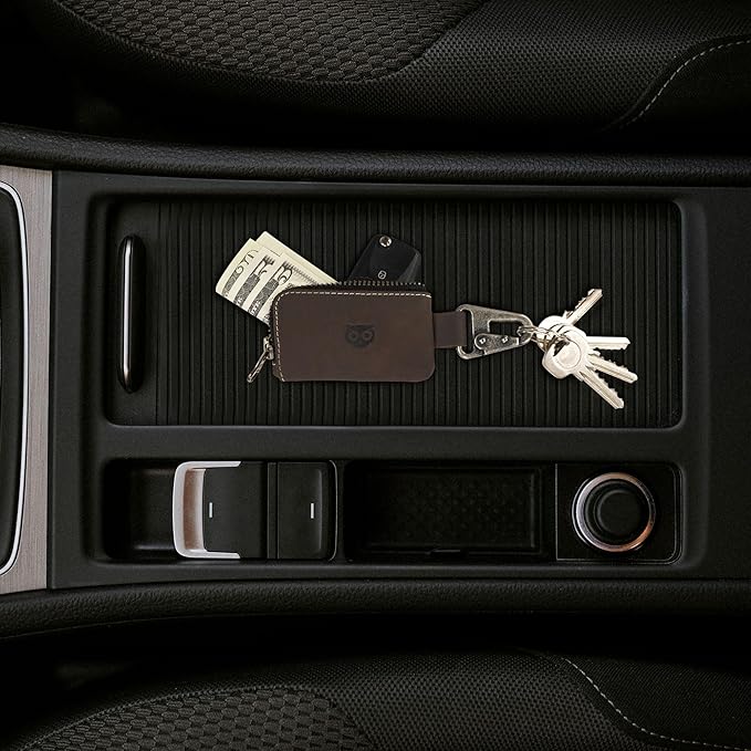 Hide & Drink, Car Key Holder Handmade from Full Grain Leather, Headphone & Charging Cables, Cash Zipper Case with Clasp (Bourbon Brown/White Stitching)