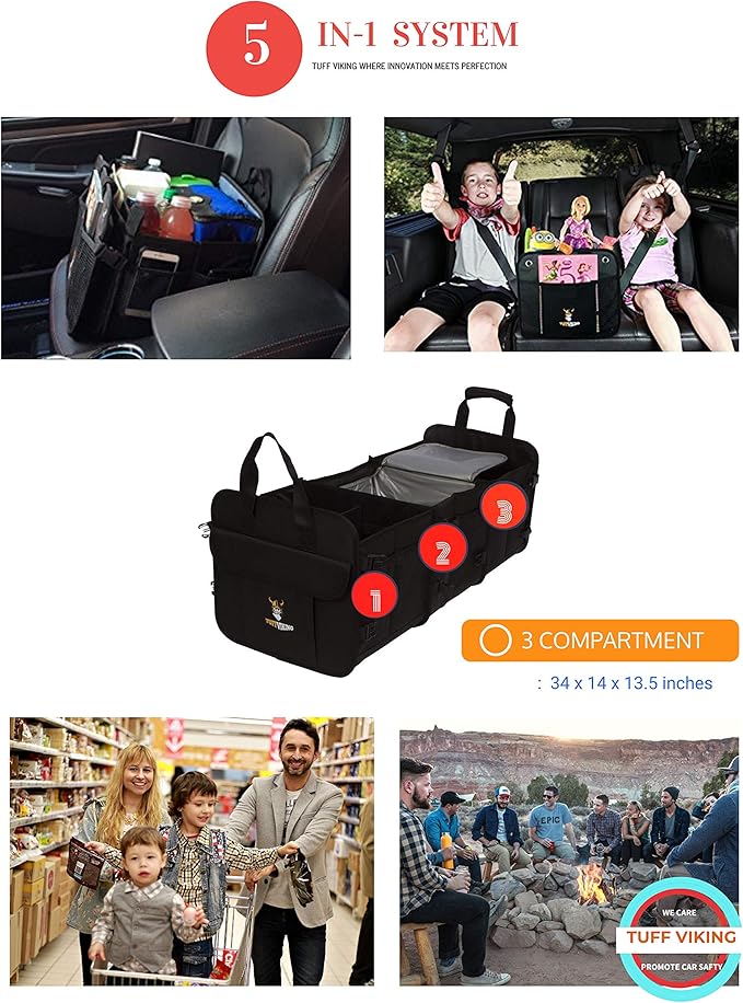 Tuff Viking Convertible Large 3 Compartment SUV Trunk Organizer with Cover | Truck Bed Organizer | for Trucks, Cars, SUVs and Groceries with Tie Down Straps. (5 in 1, Black)