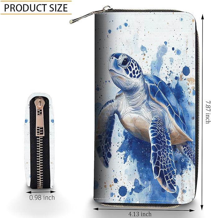 Bxgolkgd Womens Wallet, RFID Blocking Leather Wallet,Large Capacity Wallet Credit Card Holder PU Leather Ladies Clutch with Zipper Coin Pocket - Blue Watercolor Turtle