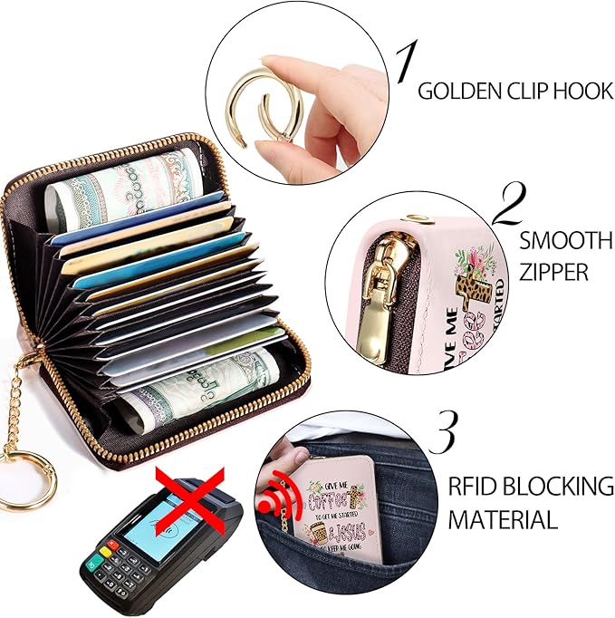 Credit Card Holder RFID Wallet, Small Card Holder Wallet for Women with Keychain Zipper, Funny Leather Print Credit Card Wallets Accordion Gift