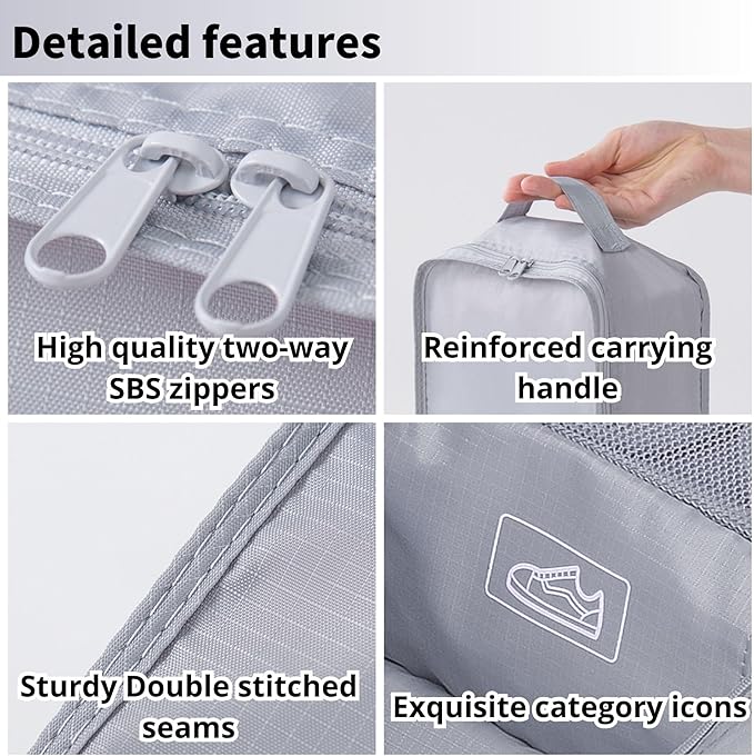 tianzong Travel Shoe Bag with Handle Holds 2 Pairs of Shoes, Shoe Packing Cubes for Travel (Grey, 2 Pack)
