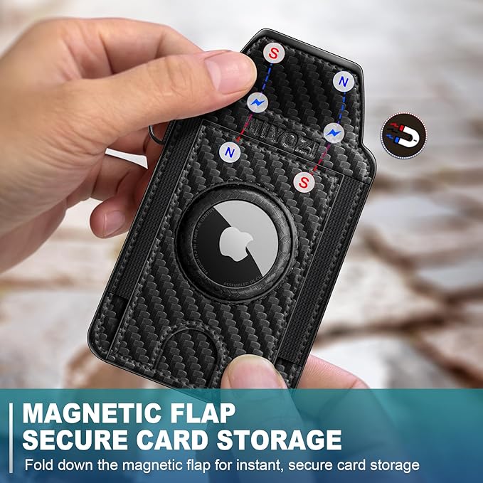 miyozi Ultra Slim AirTag Card Holder for Men - RFID Blocking Minimalist Wallet with Magnetic Flap, 0.25" Thin No Bulge Pocket Wallet, Holds 6-8 Cards with ID Window, Gift Boxed