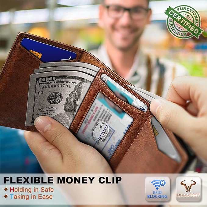BULLIANT Men Wallet Leather Wallet Card Holders Money Clip for Men 10Cards-Magnetic Flip on Metal Case