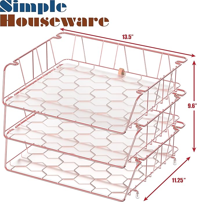Simple Houseware Stackable Wide Entry Desk File Document Letter Tray with Liner, Wire Grid, 3 Packs, Rose Gold