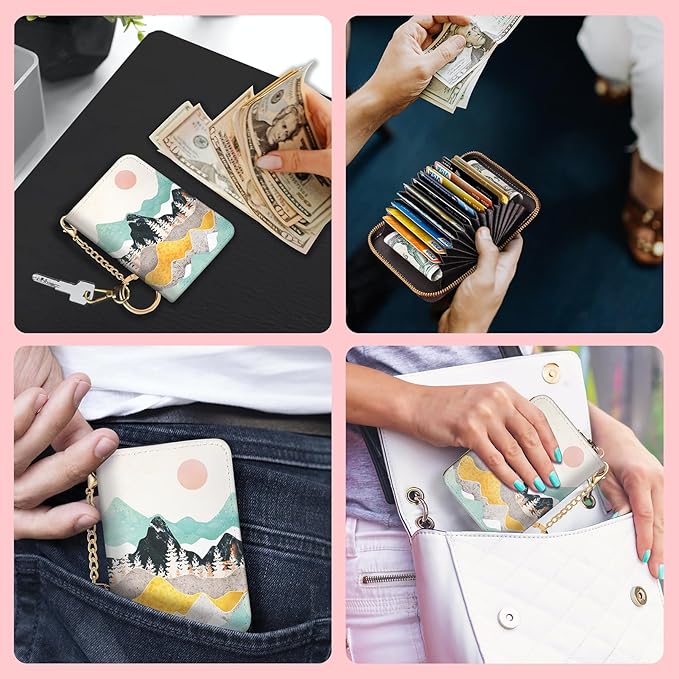 Blusabaca RFID Credit Card Holder Wallets for Women, Sunset Sunrise Mountain Small Card Case Wallet with Keychain and Zipper, Leather Card Holder Pocket Business Card Accordion Wallet