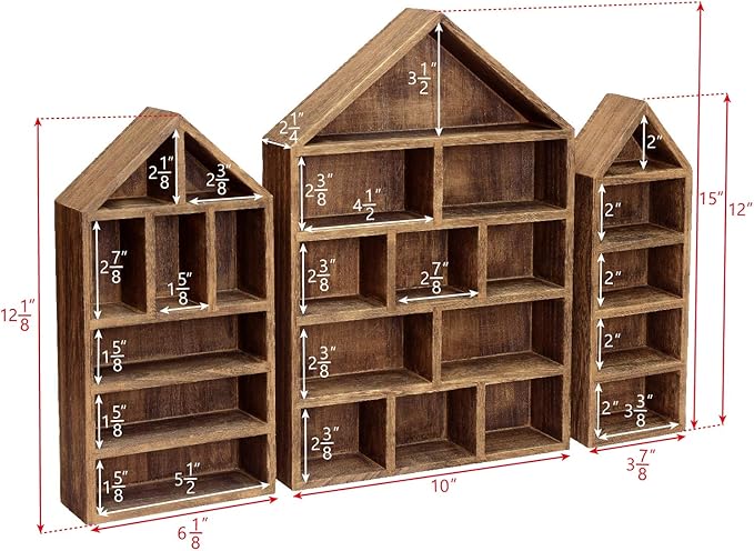 Ikee Design House-Shaped Wooden Shadow Cubby Box Display Shelf Organizer Storage Shadow Box for Mini Figures, Set of 3, Brown Color, 10 W x 2 1/4 D x 15 H in