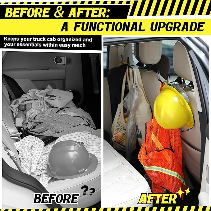 2 Pack Dual Hook Hard Hat Holder for Truck, Heavy-Duty Metal Hard Hat Buddy, Adjustable HardHats Hanger for Vehicle Headrest Essential Accessories