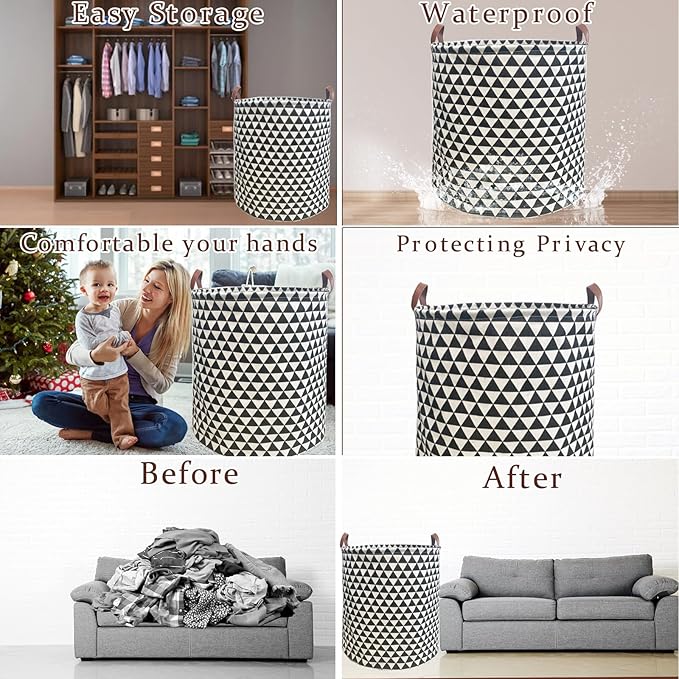 Waterproof Laundry Hamper Collapsible Laundry Basket Leather Handle Laundry Bag Large Clothes Storage Toy Organization for Bathroom Bedroom Laundryroom College Dorms (Hesan-002)