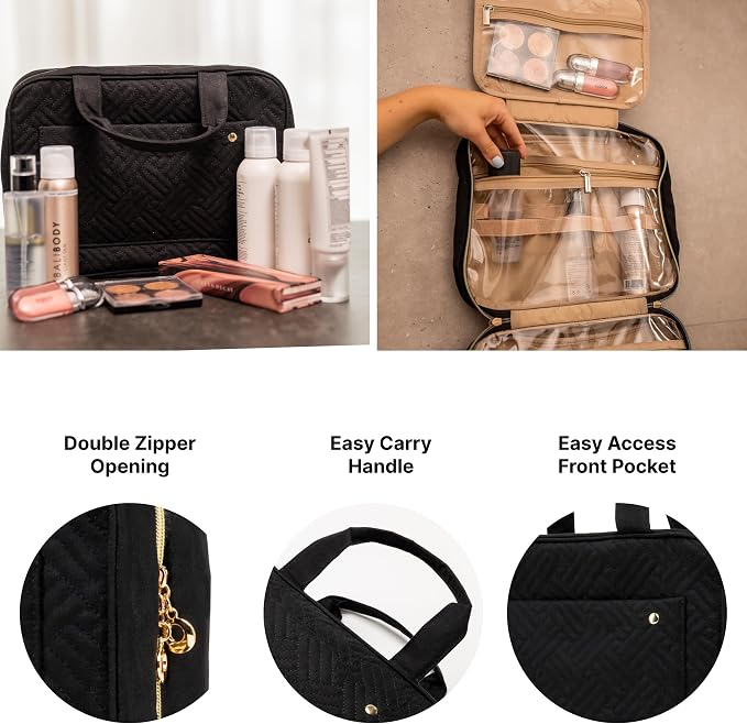 Carrywell Travel Toiletry Bag for Women with Hanging Hook, Makeup Organizer Case, Water-Resistant Cosmetic Bag For Full-size Containers, Toiletries, Black Large+, Not Made In China