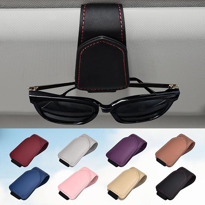Hoffi Black Sunglasses Holder for car Visor, Magnetic Leather Sunglasses Clip for car Visor, car Accessories for Women and Men Interior, 1 Pack Visor Sunglasses Holder Clip（Black）