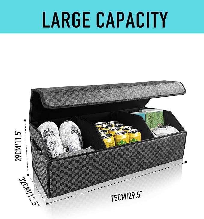 Fyzeoty Trunk Organizer for SUV - Leather Storage Box, Extra Large, Magnetic Lid, Collapsible and Adjustable Car Organizer