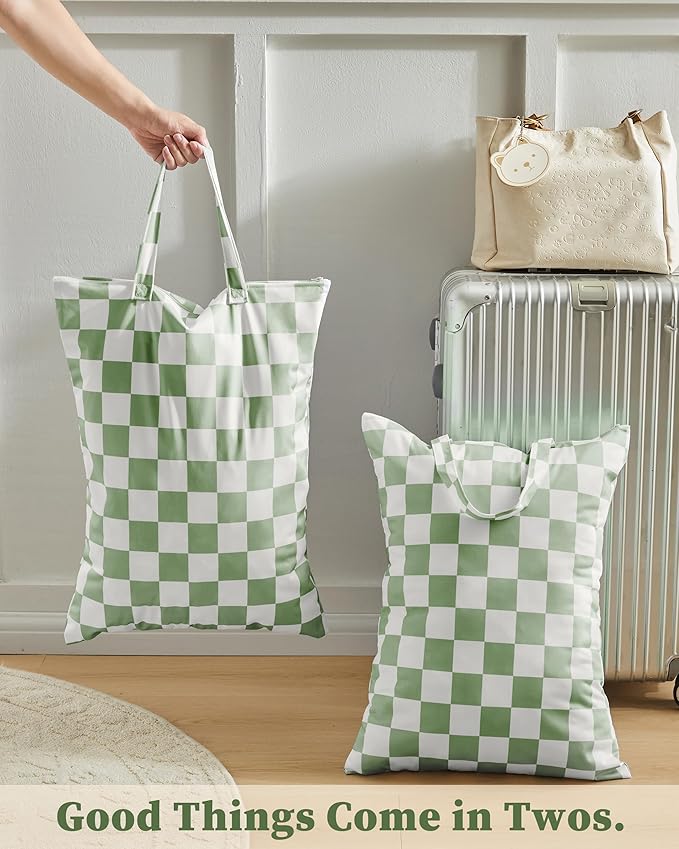 Ohocut Checkered 2 Pcs Large Travel Laundry Bags for Dirty Clothes, Aesthetic Trendy Waterproof Washable Laundry Bag with Handle for Travel, Gym, Swimming Pool Sage Green
