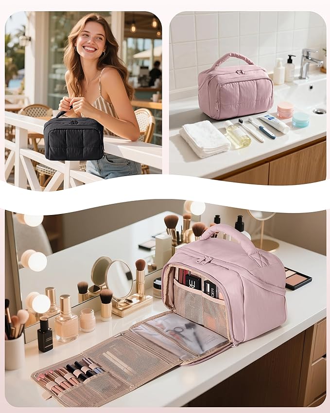 Marscamd Travel Makeup Bag for Women, Toiletry Organizer with Waterproof Pockets, Puffy Cosmetics Pouch for Makeup Brushes, Skincare & Travel Essentials, Pink (Bag only)
