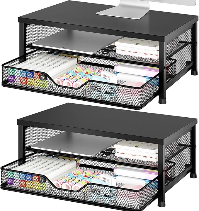 OPNICE Computer Monitor Stand Riser, Desk Organizer with Drawer, Printer & Laptop Stand, Office Desk Accessories & Workspace Desktop Organizers Storage for Office Supplies(Black 2-Pack)