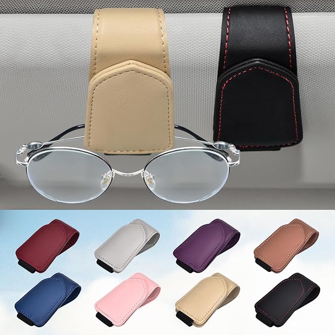 Hoffi Black Sunglasses Holder for car Visor, 2 Packs Magnetic Leather Sunglasses Clip for car Visor, car Accessories for Women and Men Interior, Visor Sunglasses Holder Clip（Black+Beige）